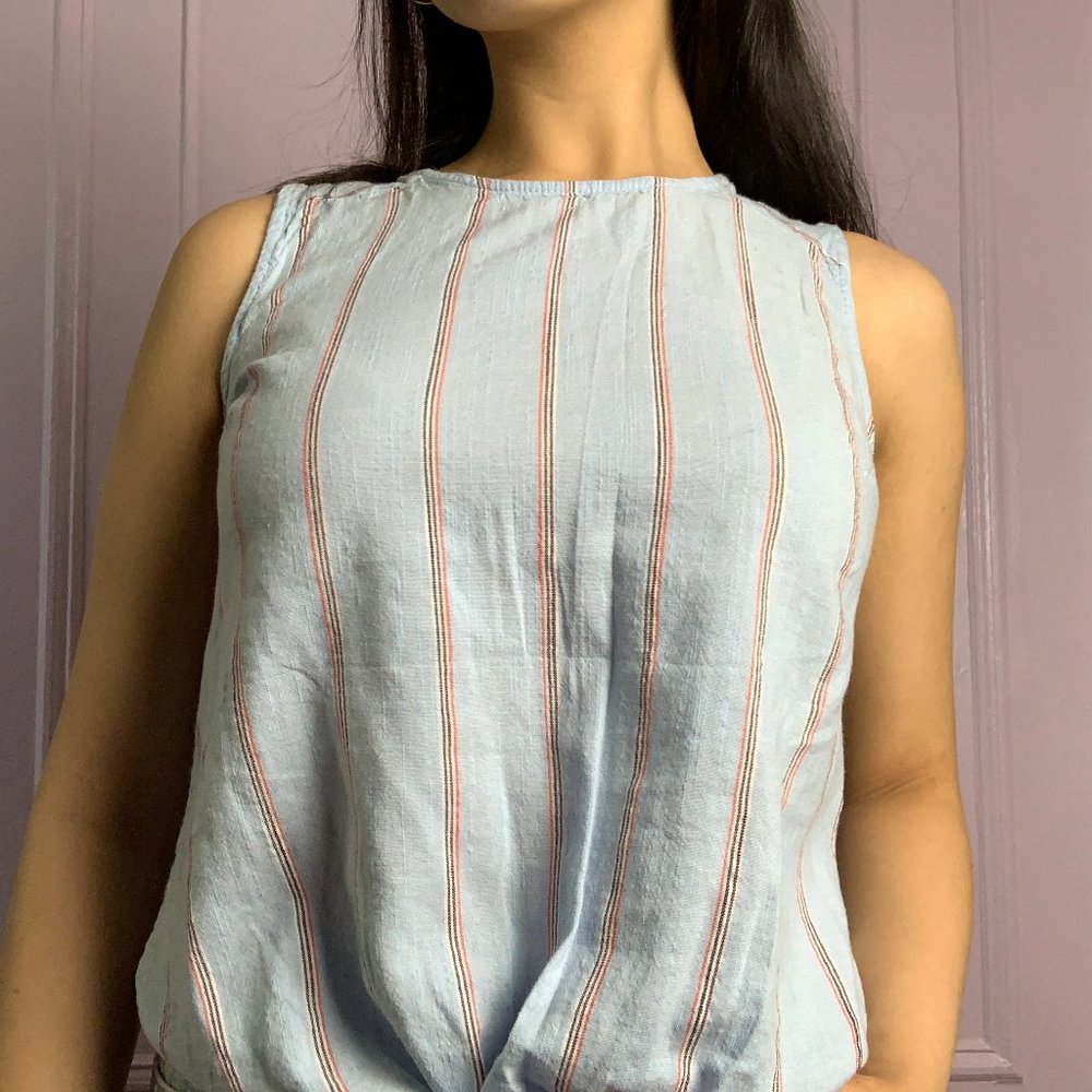 Blue Linen Striped and Knotted Tank